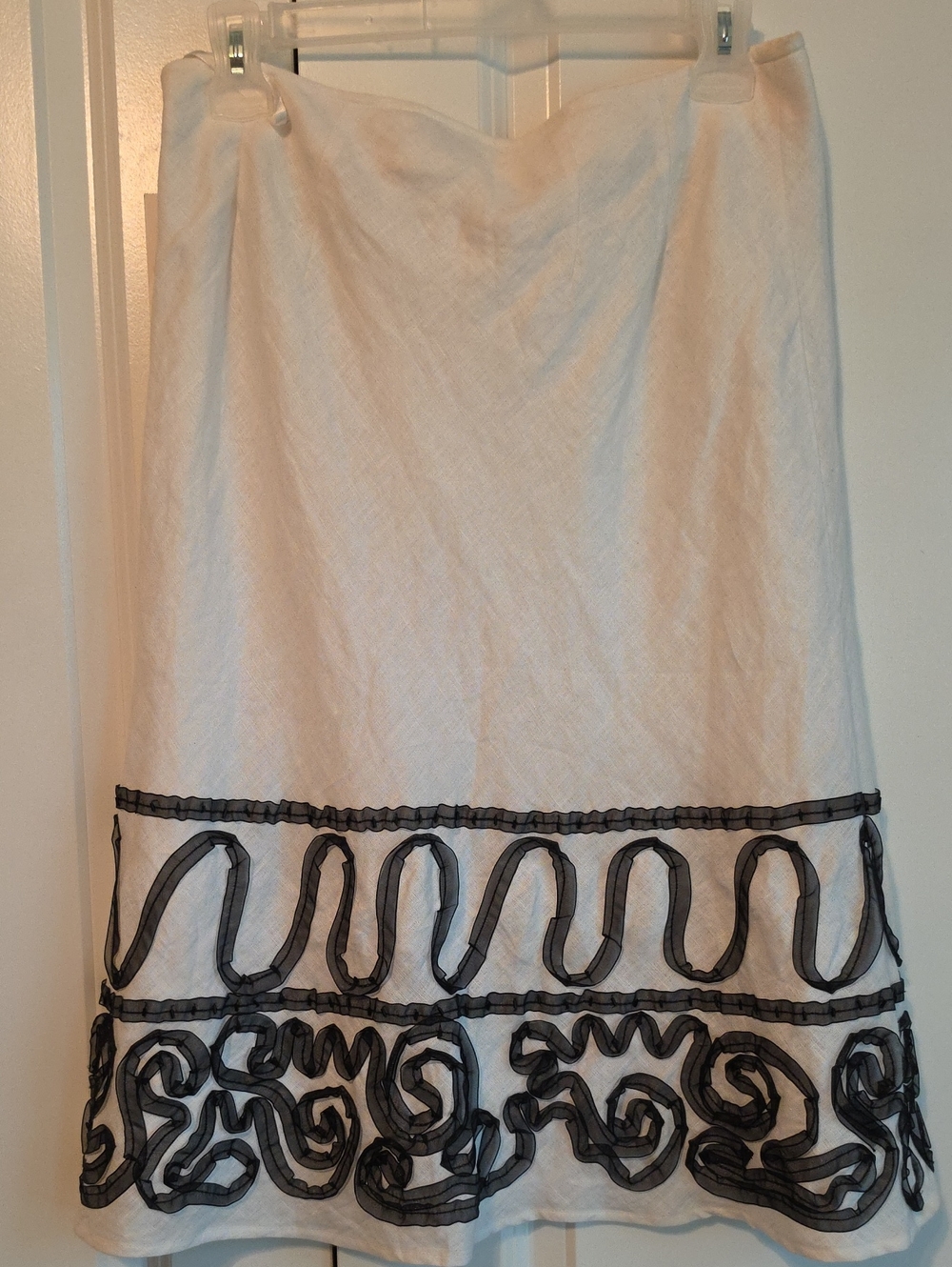 White Linen A-Line Skirt with Black Ribbon Trim